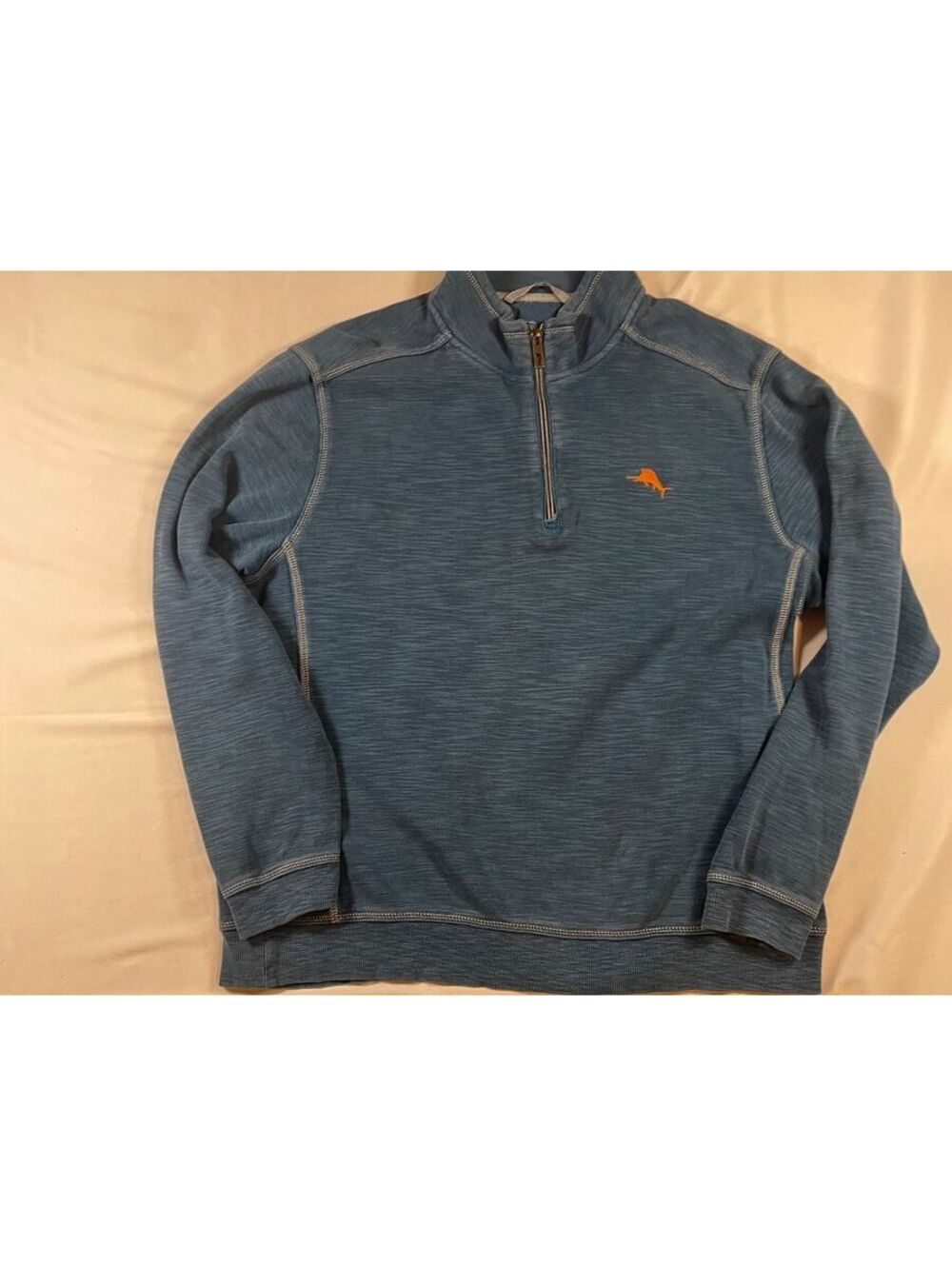 Tommy Bahama Mens L Large Blue 1/4 Zip Pullover Pima Cotton Blend Sweater